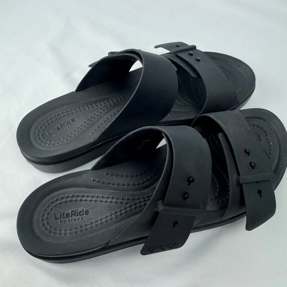 Crocs LiteRide Brooklyn Women Black Adjustable Strap Slides Sandals Size 6 - Picture 2 of 12